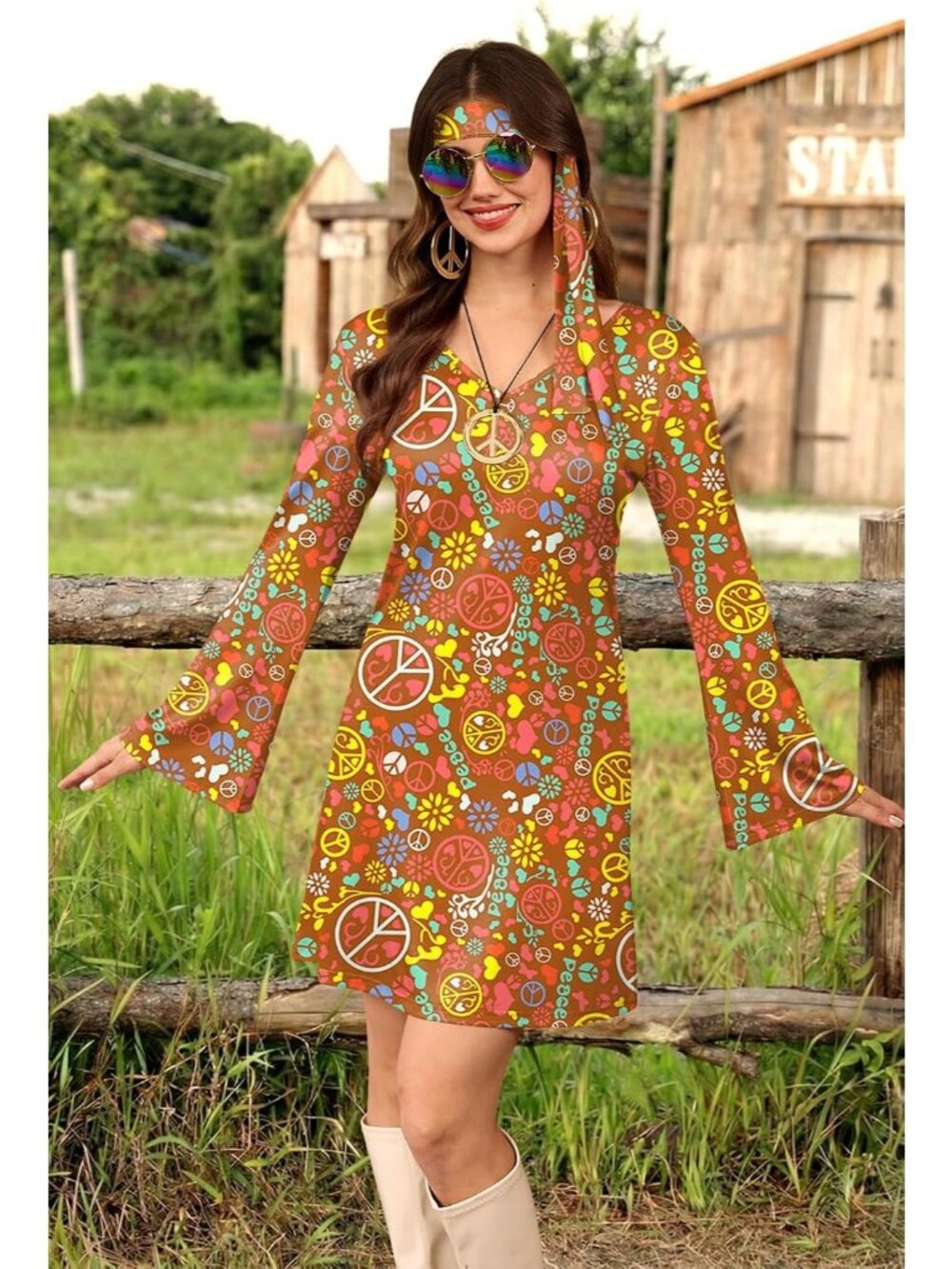 Women's Brown | Hippie 70s Hippie Halloween Costume Sunglasses Dress 5-Piece Set - Picture 2 of 6